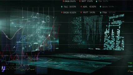 Poster - Animation of statistical and stock market data processing over screens with data processing