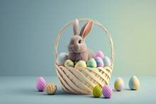Easter Bunny With Easter Eggs In A Basket, Generative Ai Illustration On A Soft Blue Background