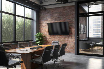 Office loft style meeting area with white brick walls and concrete columns. Zone includes glass walls, a wide wooden table, and gray chairs. Located above the table is a projector. Generative AI