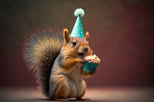 Squirrel Holding Party Hat And Cupcake, Generative Ai