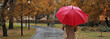 © New Africa - Woman with umbrella in autumn park on rainy day, back view and space for text. Banner design