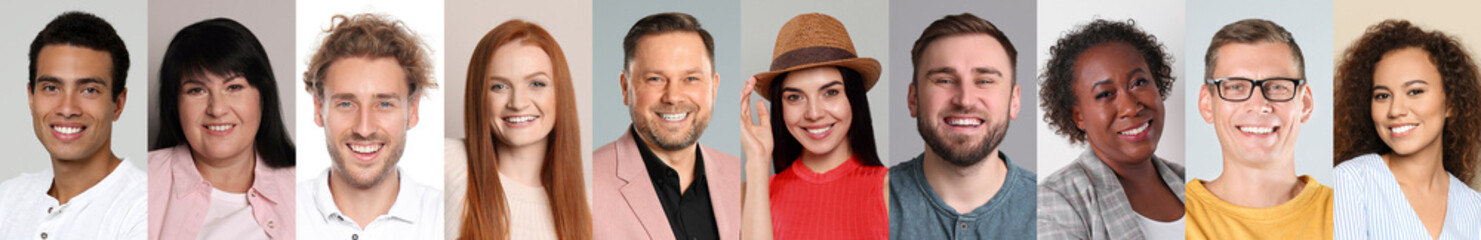 Poster - Set with portraits of happy people on different color backgrounds