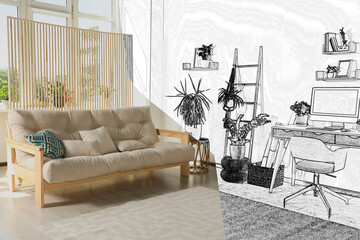 Sticker - From idea to realization. Stylish apartment interior with combined living and work areas. Collage of photo and sketch