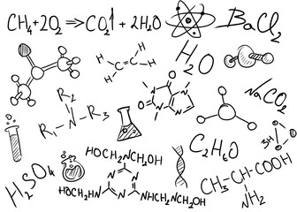 Different chemical formulas, reactions and icons on white background