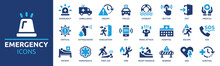 Emergency Icon Set. Containing Ambulance, Lifebuoy, First Aid, Police, Medical, Emergency Exit, Hospital And SOS Icons. Solid Icon Collection.
