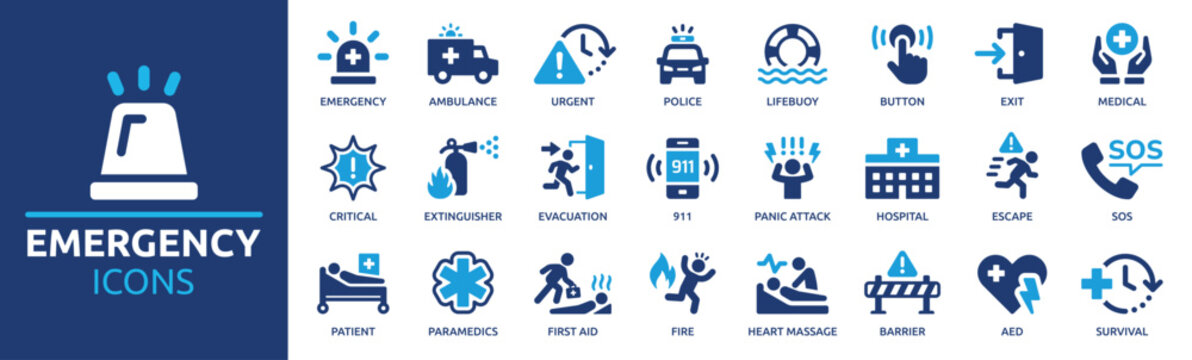 emergency icon set. containing ambulance, lifebuoy, first aid, police, medical, emergency exit, hosp