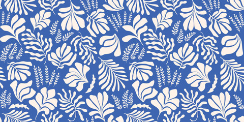 Wall Mural - Abstract background with leaves and flowers in Matisse style. Seamless pattern with Scandinavian cut out elements.
