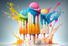 Splashing of colorful ice pops, ice cream, popsicles.