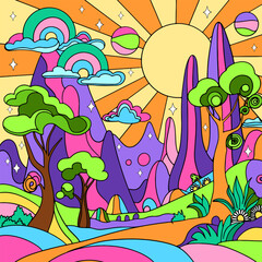 Wall Mural - Retro psychedelic groovy landscape. Vintage hippie background