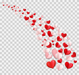 Aufkleber - Red, pink and white flying hearts  isolated on a transparent background. Happy Valentine's Day background. Vector illustration.