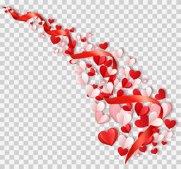 Aufkleber - Red, pink and white flying hearts and red ribbon isolated on a transparent background. Happy Valentine's Day background. Vector illustration.