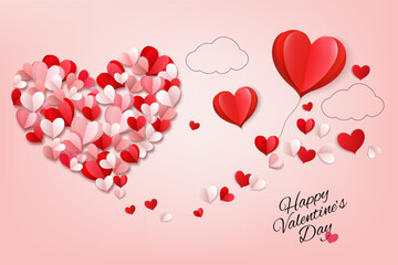 Leinwandbilder - Colorful Paper Hearts collected in the shape of a heart and red paper hearts on the pink background . Valentine's Day background. Vector illustration