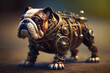 Steampunk bulldog illustration figurine robot with bronze metal armor and blurred background, ai.