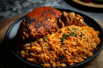 Rice from Jollof Rice dish with traditional Nigerian spice. National Rice Jollof Day. Generative AI