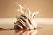 a ball of milky white and brown chocolate splashing into a molten sea of chocolate. a delicious nougat chocolate desert dripping into milk. Generative AI