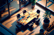 isometric view of a sunlit meeting room in a creative office environment. Generative AI