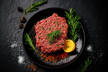 Wall Mural - On a black platter, fresh raw mince, minced beef, and ground meat are served with herbs and spices. Generative AI