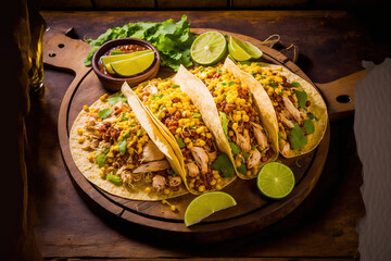 Wall Mural - corn based tacos from Mexico. Chicken meat, corn, lettuce, and onion atop a tortilla. Generative AI
