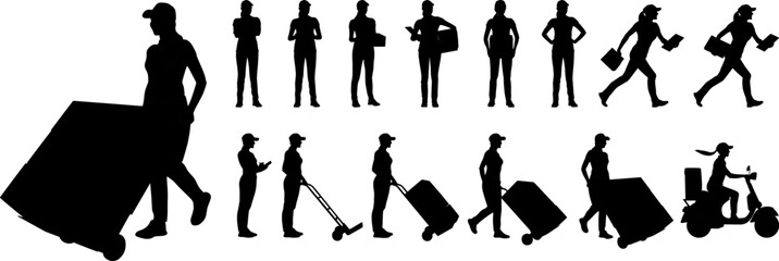 Wall Mural - Silhouettes set of delivery female worker holding carbord box and folder in different poses. Delivery woman on a scooter. Vector flat style illustration isolated on white. Full length view