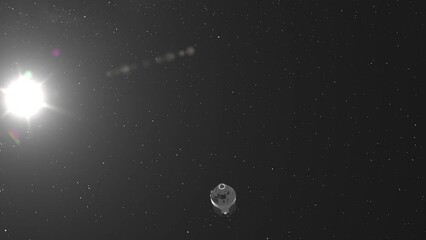 Wall Mural - Orion Artemis Capsule Rising Past Camera with Sun Flare and Milky Way Galaxy Background - 3D CGI Animation 4K