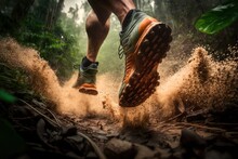 Close-up At The Runner Feet Is Running On The Dirt Route At The Jungle, Street And Road. Trail Running Sport Action And Human Challenge Concept. Generative AI