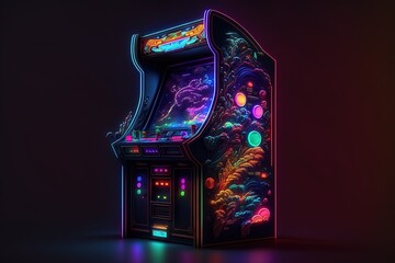 Wall Mural - Neon lights arcade machine, abstract glowing background, digital illustration, Generative AI