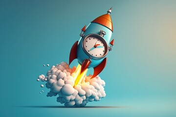 Rocket with stopwatch, startup fast growth concept, blue background, Digital illustration, Generative AI
