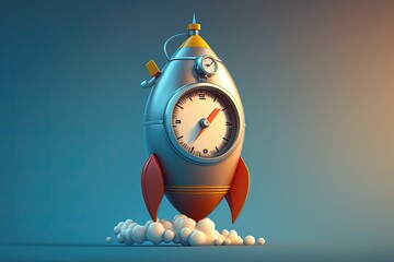 Wall Mural - Rocket with stopwatch, startup fast growth concept, blue background, Digital illustration, Generative AI
