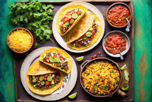 Taco Party At A Family Or Friend's House. Arrangement Of Typical Mexican Dishes Top View Of Tacos With Beef Meat, Corn Tortillas, And Tomato Salsa On A Green Tile Table. Mexican Food As An Idea
