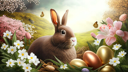 Wall Mural - Easter bunny with golden eggs and flowers on landscape background. Generative AI