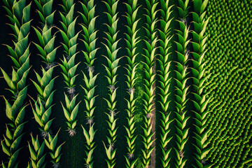 Wall Mural - Drone aerial image of a cornfield with green corn plants and tassels. superior photograph. Generative AI