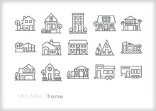 Set Of Home Line Icons Of Different Types Of Houses, Residences, Dwellings And Architecture