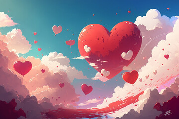 Wall Mural - floating hearts in the clouds created by generative AI