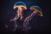 Glowing Sea Jellyfishes On Dark Background. Generator AI