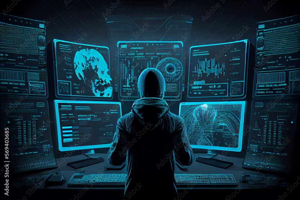 monitor hacking system used by cybercriminals Internet criminal hacking and malware concept: hacker assault web servers in dark room at pc with monitors spreading virus. Generative AI