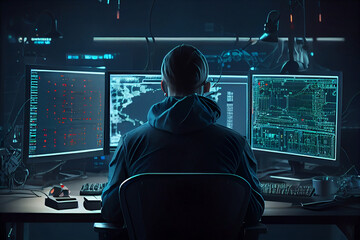 monitor hacking system used by cybercriminals internet criminal hacking and malware concept: hacker 