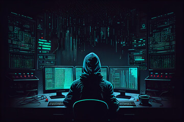 Wall Mural - monitor hacking system used by cybercriminals Internet criminal hacking and malware concept: hacker assault web servers in dark room at pc with monitors spreading virus. Generative AI