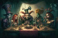The Mad Hatter's Tea Party, With The Quirky Characters Enjoying A Chaotic Meal. Wonderland Universe Style Painting. Digital Art Painting, Fantasy Art, Wallpaper.. Generative Ai.	