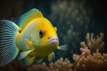 Aquarium Fish, Namely A Yellow Cichlid, Shown In Close Up. Generative AI