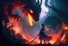 Warrior Girl Fights The Fire Dragon In The Forest