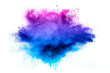 Blue pink color powder explosion on white background.