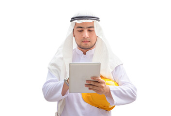 Arab man Construction civil engineer at building construction site, Young Saudi skilled professional engineer