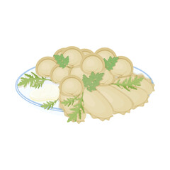 Dumplings with parsley on a colorless background, appetizing dumplings with green parsley.