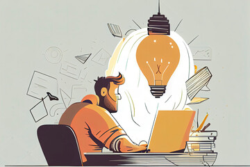 Young man working on the laptop computer and having a idea. Freelance job, creativity innovation and business idea concept. 3d vector people character illustration. Cartoon minimal style