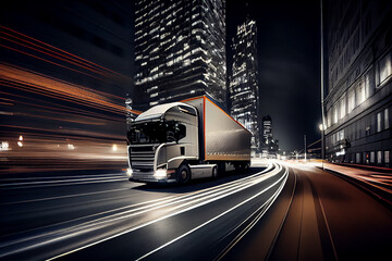 A truck speeding in the city at night with taillights giving a speed impression, generative AI