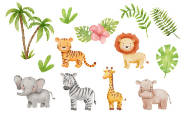 cute giraffe, tiger and elephant in cartoon style. watercolor drawing african baby wild animal isola