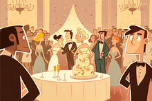 An Animated Wedding Scene With Grooms, Guests And Dancers, Cartoon, Illustration - Generative AI