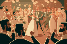 An Animated Wedding Scene With Grooms, Guests And Dancers, Cartoon, Illustration - Generative AI