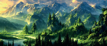 Foggy Mountains Landscape Landscape Vector Illustration. Smoky Rocky Panorama With Mountain Mountains And Silhouettes For Pine Forest. Evergreen Forests And Green Meadows. Mountains In Fog With Forest