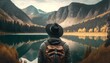 © Arisctur - Tourist backpacker with a backpack looking at the beautiful view of the lake and mountains. Concept of travel and tourism, generative ai